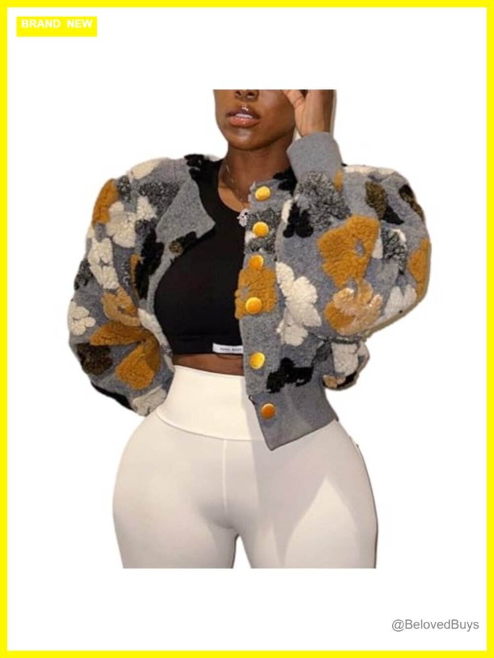 Womens Cropped Floral Fleece Bomber Jacket Puff Sleeve Button Down